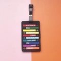 Colorful multi-country luggage tag with travel destination names and black strap - Travel Destinations / Black