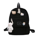 Zwarte corduroy schoolrugzak met schattige berenpatches en een pluche beer - Enkele Tas (Zonder Hanger/Badge) / Zwart