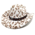 Leopard print plush cowboy hat with studded leather band and metal bull head emblem - M (56-58cm) / White - Flat Top