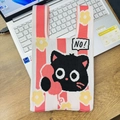 Knitted tote bag featuring a red and white stripe pattern with a cartoon black cat design - Pink Little Black Cat