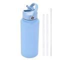 Detail of sky blue sports water bottle set with two straws and a cleaning brush - 1L / Haze Blue