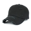 Close-up of distressed cotton baseball cap featuring worn details and a curved brim - Black