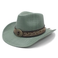 Close-up of green straw cowboy hat featuring brown band with gold embroidery and red gemstone - M (56-58cm) / Water Lily Green