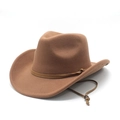 Detail of brown felt cowboy hat texture with adjustable chin strap and stitched brim - M(56-59CM) / Khaki