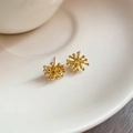 Macro shot of gold firework-shaped stud earrings on a white ceramic tray for a minimalist style - 9# Gold Radial Sphere Style (Silver Pin)