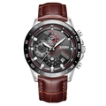 Luxury chronograph watch with brown leather strap and multi-functional black dial - Brown Strap Silver Case Black Ring