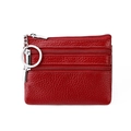 Red lychee pattern leather coin purse with triple zippers and silver keychain ring - Burgundy