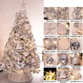 3m silver Christmas tree variant with elegant ornaments and warm yellow LED light strings - 3m Snow Flocked Christmas Tree Set (Without Tree Collar)