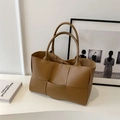 Brown woven tote bag in high-quality faux leather with matching top handle for women - Brown
