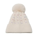 Detalle de gorro de punto trenzado crema con pompones de colores y pompón de piel sintética - M (56-58cm) / Beige