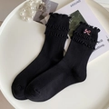 Calzini neri a costine stile ballerina con bordi a balze e fiocco rosa ricamato - Taglia unica / Nero
