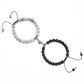 Macro detail of heart-shaped magnetic clasp connecting turquoise and matte black bead bracelets - Amazonite + Matte Stone