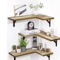 Three-piece L-shaped wooden corner floating shelves with black industrial metal brackets - 3 Pieces Set / Natural Wood Color