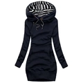 Detail of navy blue hoodie with drawstring hood and black and white striped lining - Navy Blue