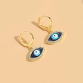 Gold evil eye drop earrings with blue enamel center and white zircon stones embellishments - Eye
