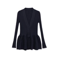 Cardigan in maglia blu scuro con scollo a V, maniche lunghe e orlo a volant - S / Top con peplo (Blu)