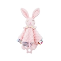 Pink rabbit baby security blanket in plush fabric with soft teething toy and textured tags - Pink Rabbit