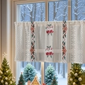 White lace Christmas cafe curtain with embroidered bells, socks and festive snowflakes - 140*60cm / Christmas Sock