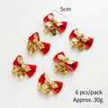 Pack of 6 red flocked Christmas bows with gold bells and holly leaves for tree decor - Red Gold Leaf / Set of 6