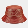 Macro detail of bucket hat with metallic red fabric texture and subtle vertical stripes - Brick Red