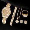 Luxury 5-piece gold watch and jewelry set with crystal tennis bracelet and necklace - Golden Bright 5-Piece Set / Gold