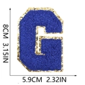 Detailed size chart of royal blue letter G chenille patch with gold glitter borders - Letter G
