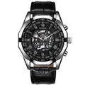 Unraion men's automatic mechanical watch with silver case and black leather strap - Black Leather Strap Black Dial