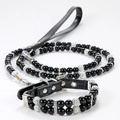 Detail of luxury pearl pet collar with silver rhinestone ball and black leather leash - Collar XS (1.5*27cm) / Black with Black Pearls