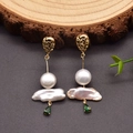 Vintage 925 silver pearl drop earrings with baroque pearls and green gemstone charms - Emerald