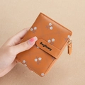 Brown PU leather short wallet with white floral print and diamond lattice pattern - Earthy Yellow