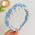 Detail of light blue satin headband with elegant double-row white faux pearls - Pearl Mesh Pleated Headband / Blue