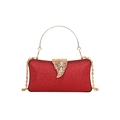 Elegant red glitter evening clutch bag with gold leaf clasp and metal chain strap - Red