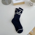 Navy blue cotton crew socks featuring white stripes and cute rabbit embroidery - One Size / Three Stripe Blue