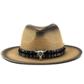 Brown gradient straw cowboy hat with wide brim and vintage silver bull head ornament - Brown Gradient Bull Head Style (04)