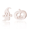 Detail view of rose gold Halloween ghost and skull pumpkin asymmetric stud earrings - Asymmetric Ghost Pumpkin (156) / Rose Gold
