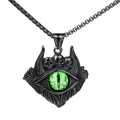 Gothic punk black metal necklace featuring evil green eye and skull wing pendant - Black Green Eye