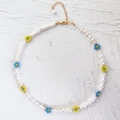 Baroque pearl necklace featuring blue and yellow flower beads with adjustable gold clasp - Dual-color Flower Necklace