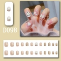 Press-on nail set featuring nude pink base with white hearts, black dots and 3D bows - Nude Pink Bow Heart Polka Dot Style (D098) / 24pcs Box + Glue