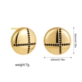 Detail showing 20mm round 18K gold earrings with black zircon cross and size specs - Round Button Style (22803)