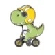 Cartoon green dinosaur wearing helmet and sunglasses on purple bicycle metal badge - Cycling Green Dinosaur