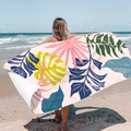 Tropical leaf print microfiber beach towel with pink and green foliage patterns - Colorful Large Leaves (Single-sided Print with PE Bag)