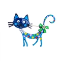 Fashionable blue cat brooch with colorful hearts, pearls, and a rhinestone bow detail - Dark Blue Heart Pearl Cat (JBSW343)
