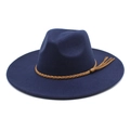 Detailed view of navy blue wool fedora featuring a braided brown leather trim with tassel - M (56-58cm) / Navy Blue