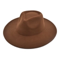 Detailed view of the brown wide-brim felt fedora hat with a classic teardrop top crown - M (56-58cm) / Coffee