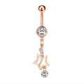 Detailed view of rose gold navel ring featuring zircon studs and a hollow star pendant - 2746 Rose Gold Star