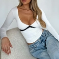 Y2K sexy white long sleeve top with deep V-neck and black lace trim on a female model - S / White