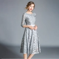 Elegant grey lace embroidered midi dress with half-sleeves and white satin waist belt - Gray
