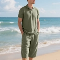 Olive green linen texture polo shirt and drawstring shorts for summer beach vacation - Army Green