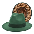 Detail of dark green wool fedora with black ribbon and leopard print lining - M (56-58cm) / Dark Green
