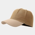 Detail of woven straw texture and khaki fabric brim on casual patchwork baseball cap - M (56-58cm) / Khaki